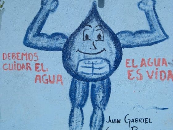 Una gota de agua muscular pintada en un tanque de agua en Boliva. Foto de Susan Davis.